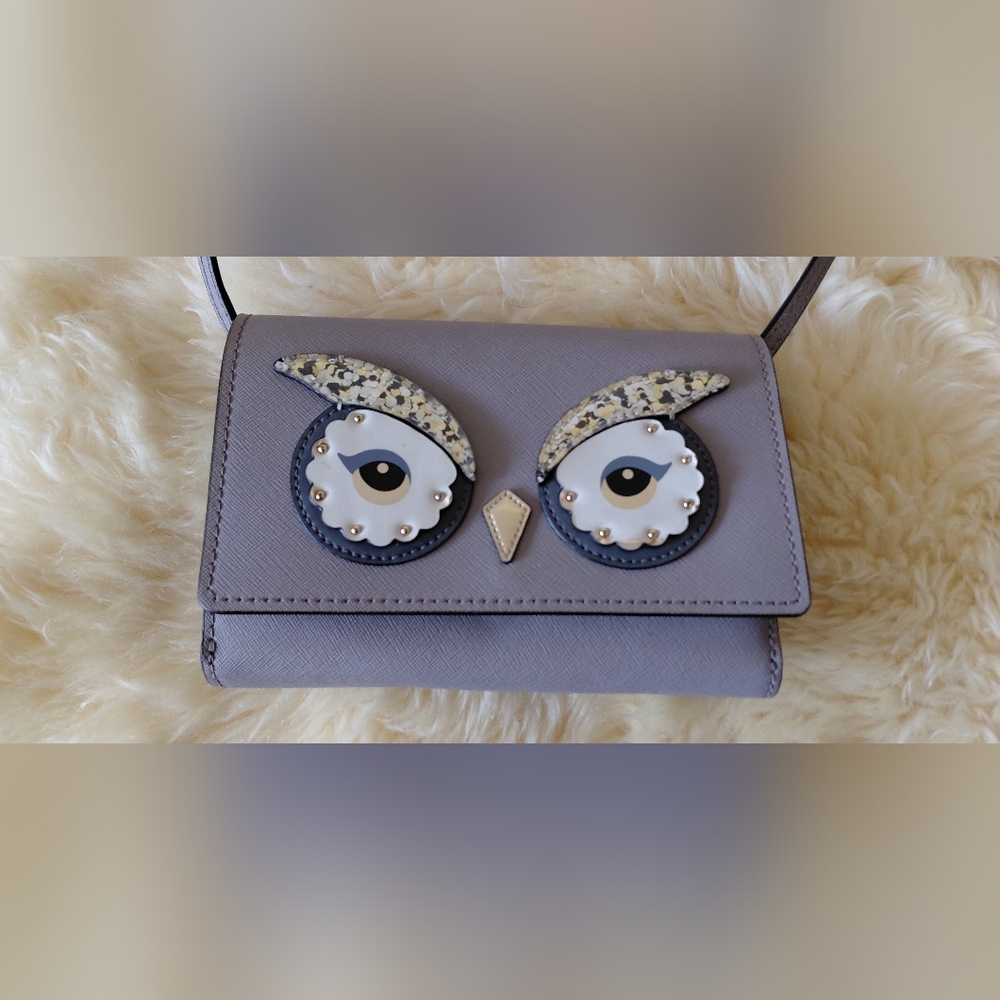 Kate Spade Owl Saffiano Leather Grey Taupe Crossbody Bag
